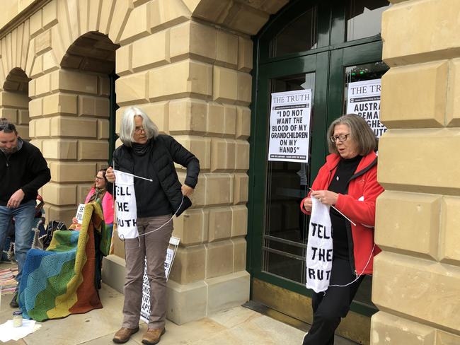 Three “knitting nannas” were arrested and charged with trespass during the Extinction Rebellion protests outside Parliament House. Picture: RICHARD JUPE