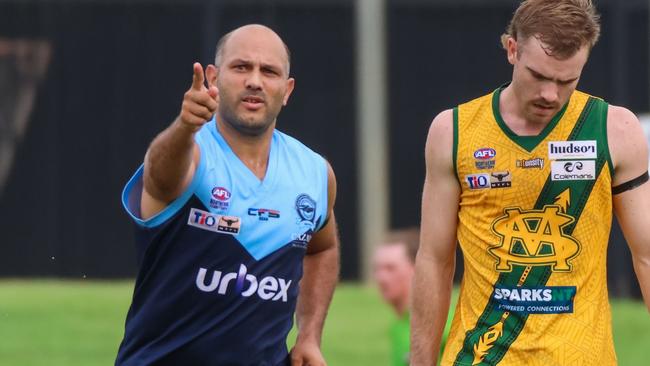 Darwin Buffaloes' Matt Campbell celebrating a goal against St Mary's in the 2022-23 NTFL season. Picture: Celina Whan / AFLNT Media