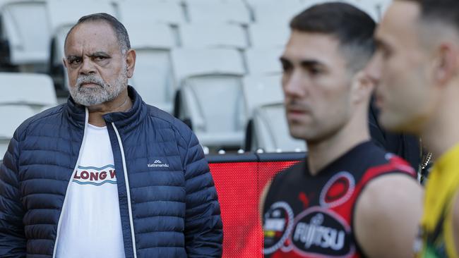 Michael Long (left) behind Essendon’s only Indigenous player in Dreamtime at the ‘G – Jade Gresham. Picture: Michael Klein