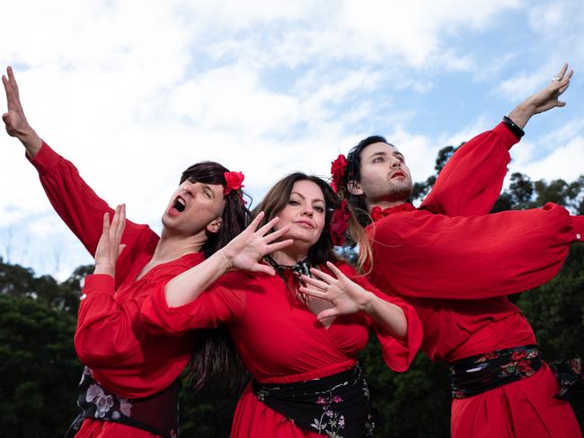 Liam Casey, Rachel Hemmingway and James Von Vinyl ahead of The Most Wuthering Heights Day Ever at Sydney Park on July 13. Picture: Favio Brancaleone