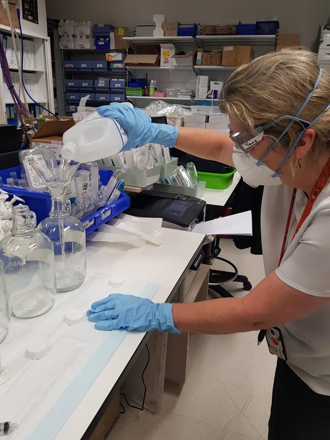 Director of pharmacy Jane Stidworthy compounds hand sanitiser at Macquarie University Hospital. Picture: Supplied