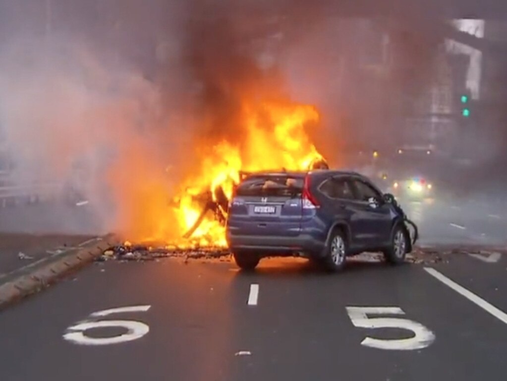 Screen grabs of a car accident and fire on the Sydney Harbour Bridge. Picture: Twitter/9 - thetodayshow