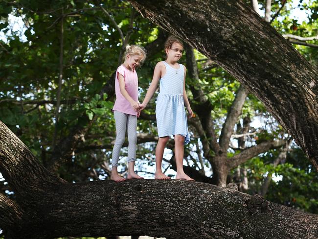 Parents also need to be conscious about helicopter parenting. Letting your kids learn their own limits by doing things such as climbing trees (like Ellyanna Yates and Chelsea Plasto, pictured) will help them learn their limits. Picture: Brendan Radke