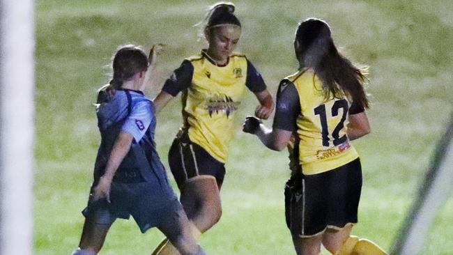 Tigers' Jemma Morrison brings the ball back from the edge of the pitch in the FNQ Premier League women's match between the JCU Strikers and the Edge Hill Tigers, held at JCU Oval, Smithfield. PICTURE: BRENDAN RADKE