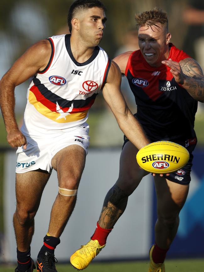 Tyson Stengle illustrates his ball skills in the pre-season game against Melbourne. Picture: Dylan Burns (AFL Photos via Getty Images)