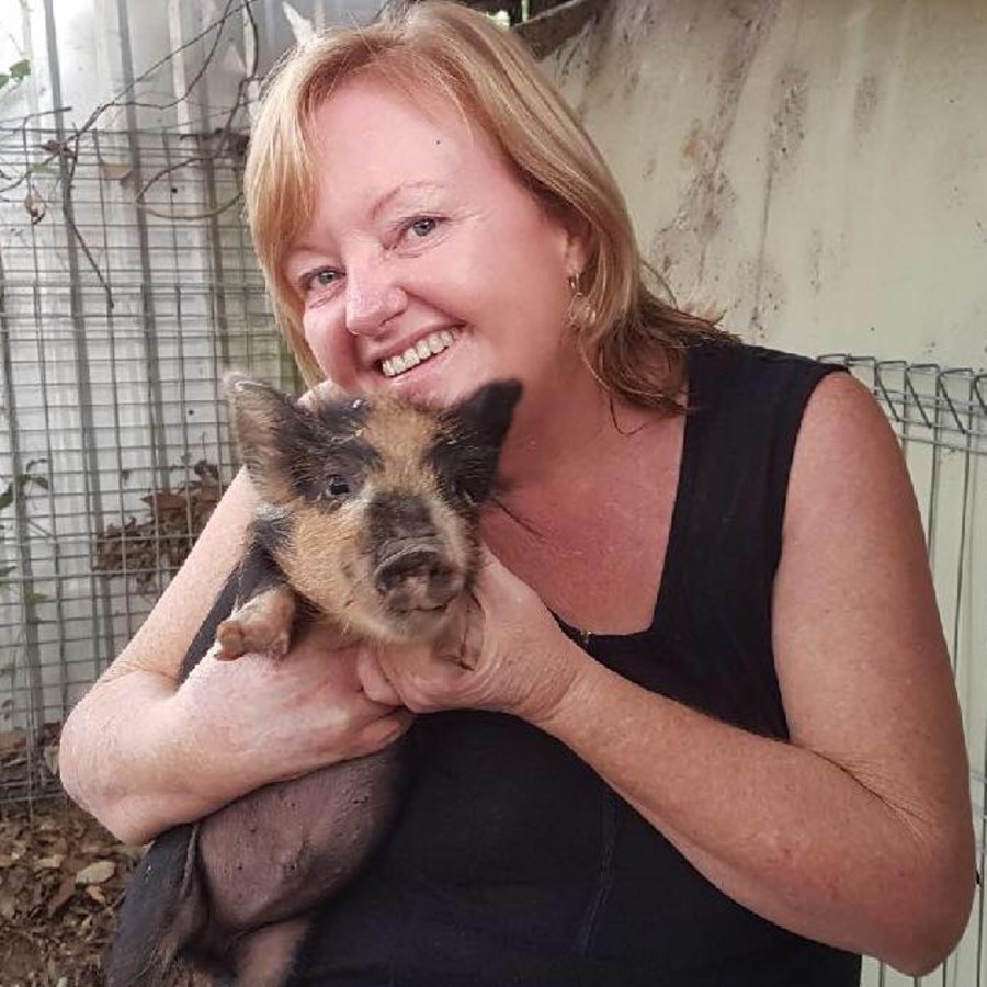 Brisbane local Cath Hoge with her pet pig, ‘Piggy’. Picture: Cath Hoge