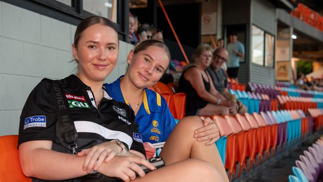Lilly Sawyer and Sophie Sawyer at the Gold Coast Suns vs Geelong Cats Round 10 AFL match at TIO Stadium. Picture: Pema Tamang Pakhrin