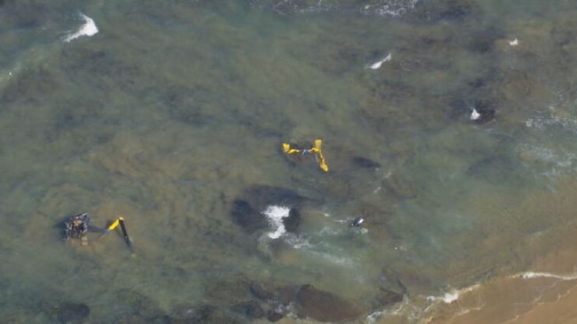 Three were seriously injured at Victoria's Bellarine Peninsula, where a helicopter crashed into the water. Picture: 9News