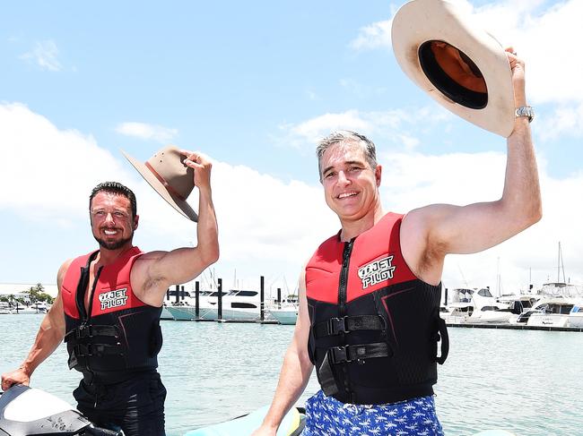 Katter Australian Party member for Mount Isa Robbie Katter rides into the Breakwater Marina on a jet ski with new Hinchinbrook candidate Nick Dametto. Picture: Zak Simmonds