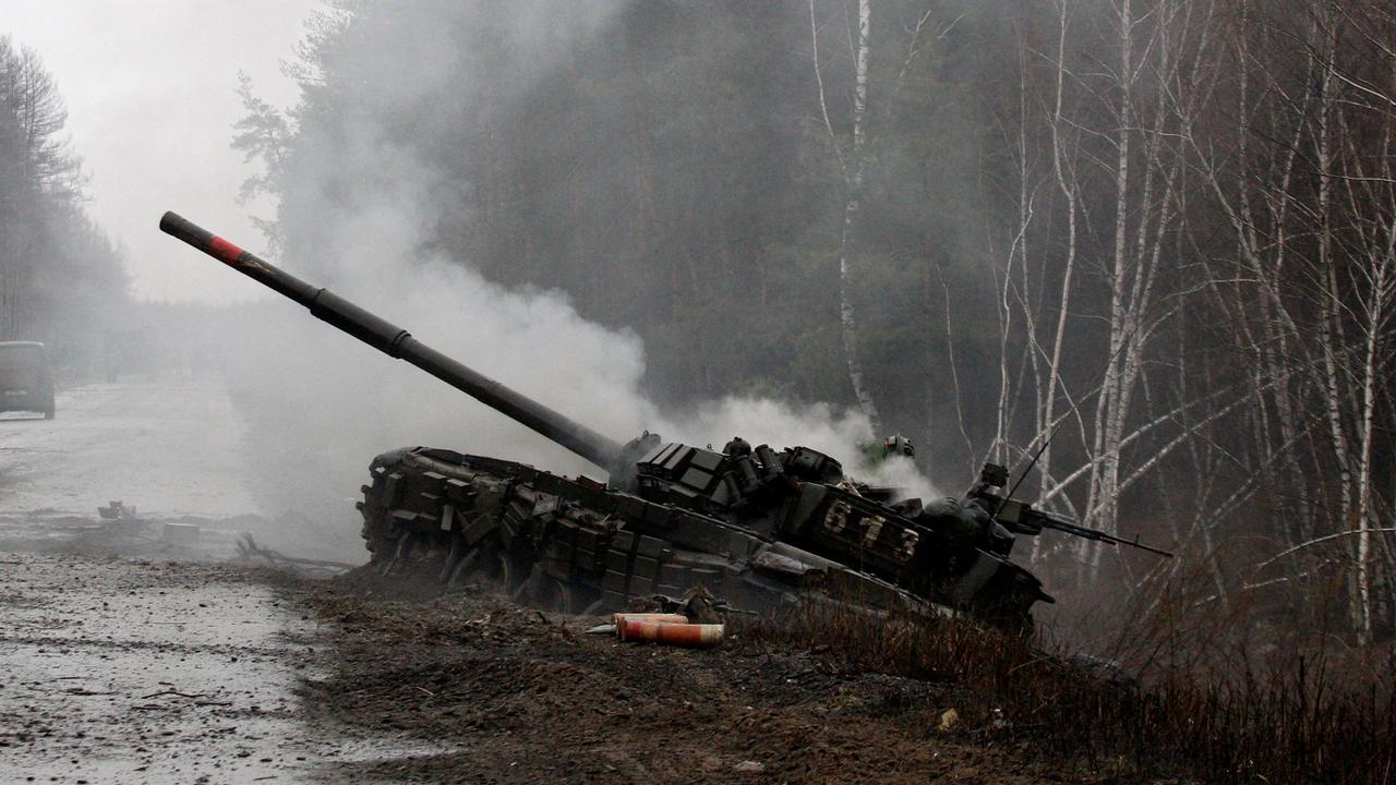 Images of destroyed Russian tanks are referred to as ‘virtual manipulations’. Picture: Anatolii Stepanov/AFP