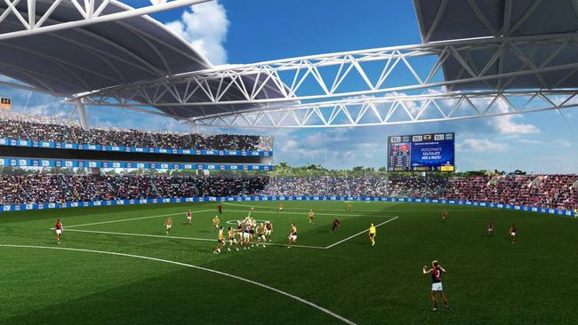 An artist’s impression showing one of two designs for the proposed AFL stadium in the Darwin CBD. Picture: