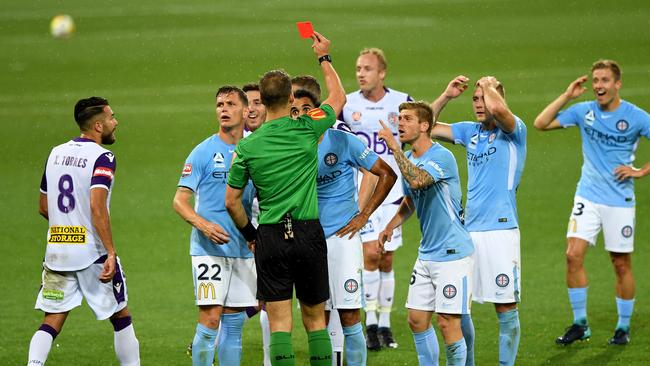 Osama Malik is given a straight red.