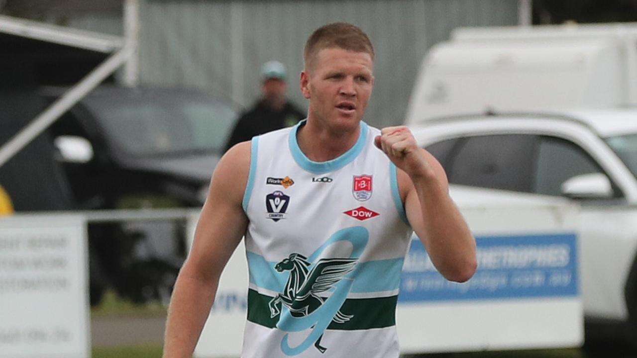 Geelong Amateur's Mitchell Day celebrates a goal against Barwon Heads. Picture: Alan Barber