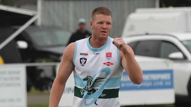 Geelong Amateur's Mitchell Day celebrates a goal against Barwon Heads. Picture: Alan Barber