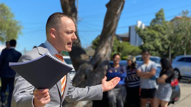 Auctioneer Andrew Cooley at the sale of a home on Myers St in Sans Souci in Sydney. Picture: Supplied