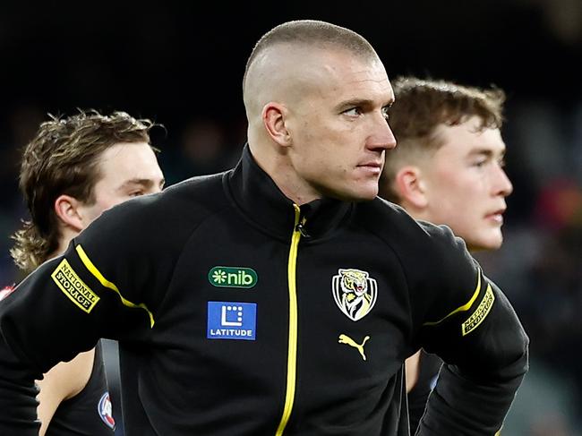 MELBOURNE, AUSTRALIA - JUNE 30: Dustin Martin of the Tigers looks on during the 2024 AFL Round 16 match between the Richmond Tigers and the Carlton Blues at The Melbourne Cricket Ground on June 30, 2024 in Melbourne, Australia. (Photo by Michael Willson/AFL Photos via Getty Images)