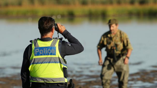 Police keeping and eye duck shooting opening at Hospital Swamp near Geelong. Picture: Alison Wynd