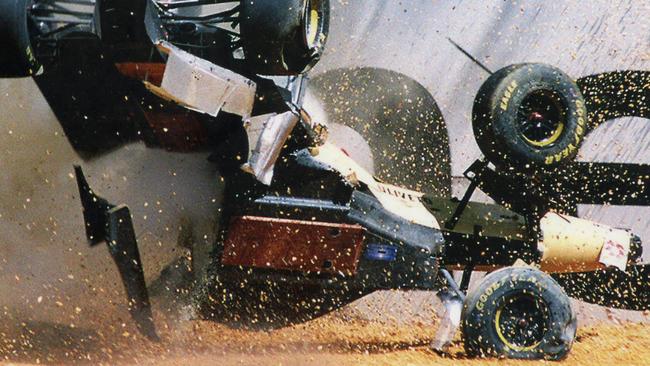 Jordan-Peugeot driver Martin Brundle walked away after flipping his car upside down following a crash with Sauber-Ford driver Johnny Herbert in 1996. Picture: AFP