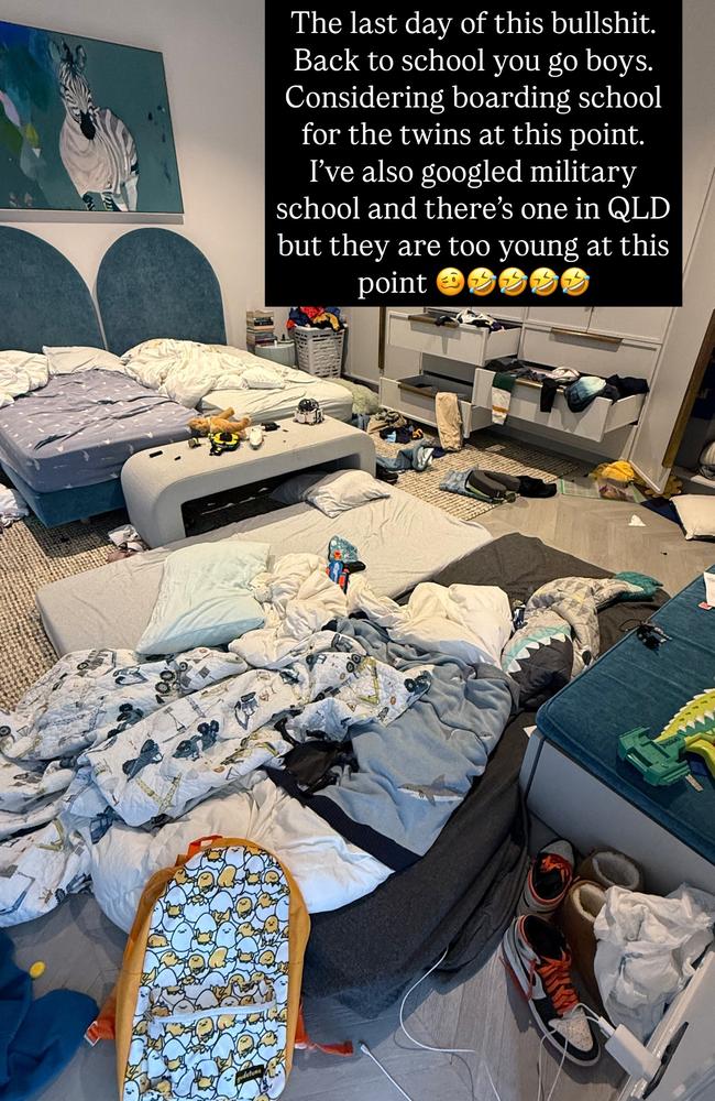 Bec Judd's post on her Instagram story showing her twin boys messy room. Picture: Supplied