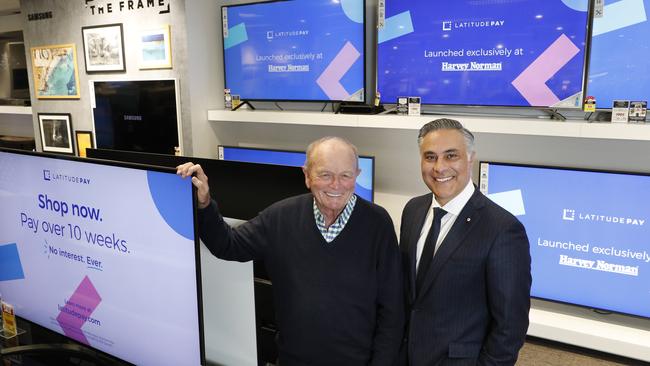 Harvey Norman executive chairman Gerry Harvey and Ahmed Fahour. Latitude is behind the retailer’s interest free deals. Picture: John Feder for The Australian.