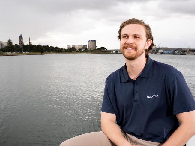 Babcock graduate engineer Matthew Rourke at the Port Adelaide wharf. Port Adelaide/ Kaurna Yarta on Tuesday, May 16, 2023. (The Advertiser/ Morgan Sette)