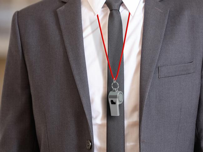 Sports business. Man in suit wearing a whistle with red string. 3d illustration