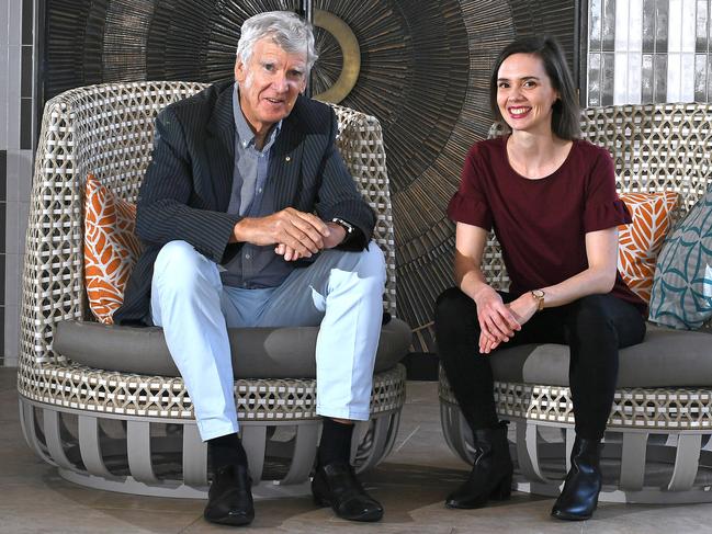 Playwright David Williamson and director Zoe Tuffin at the Soleil pool bar in South Brisbane. Picture: AAP image, John Gass