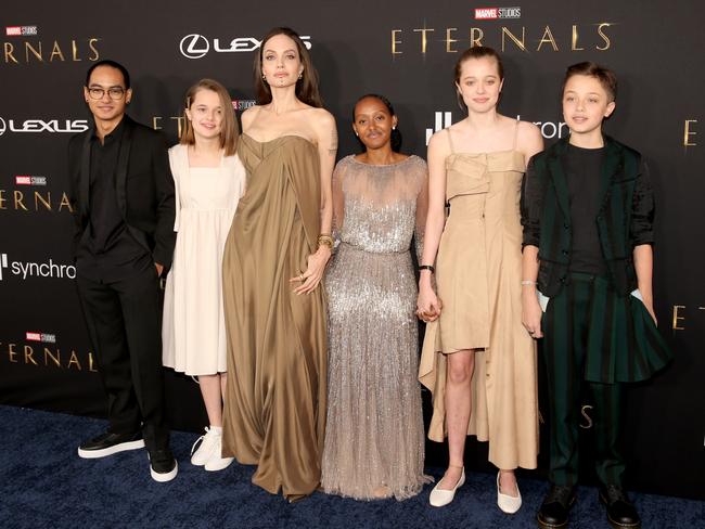 Angelina with five of her six kids: Maddox, Vivienne, Zahara, Shiloh and Knox in 2021. Picture: Jesse Grant/Getty Images for Disney