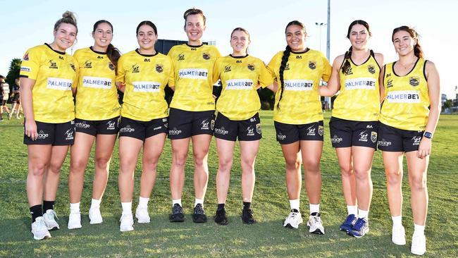 Sunshine Coast Falcons player Zoey Parfrement, Makayla Henry, Remi Hinckesman, Amy Atkinson, Jordan Jackson, Emmogen Taumafai, Shanae Gray, Ella-J Harris. Picture: Patrick Woods.