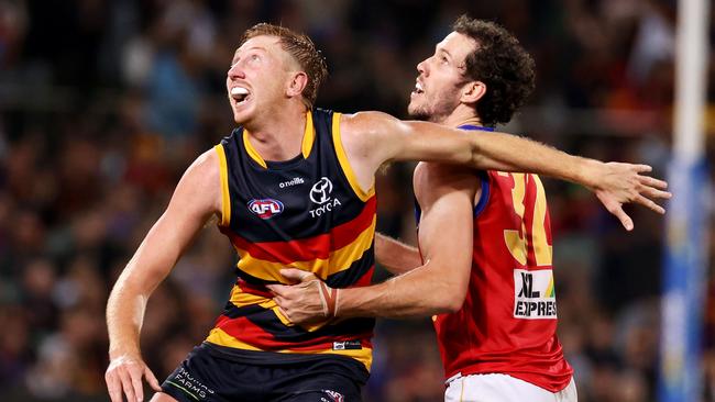 Kieran Strachan is stuck behind Reilly O’Brien in the ruck queue. Picture: James Elsby/AFL Photos via Getty Images