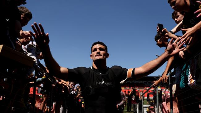 Panthers skipper Nathan Cleary greets fans during a fan day at BlueBet Stadium in Penrith. Picture: Getty Images