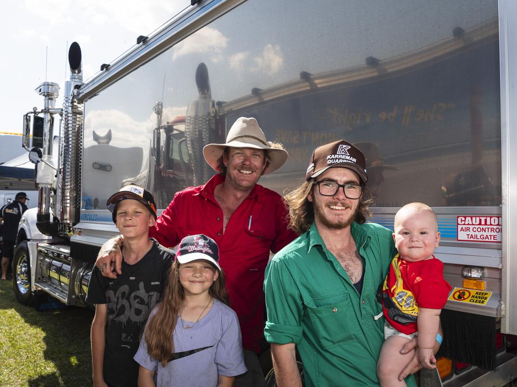 At Lights on the Hill Trucking Memorial are (from left) Alex, Amelia and Lock Hunt with Cameron Nutley and baby Wesley Nutley at the Gatton Showgrounds, Saturday, October 5, 2024. Picture: Kevin Farmer