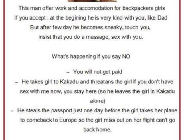 Part of the flyer flyer posted around Darwin warning women of a man preying on backpackers. Picture: Supplied