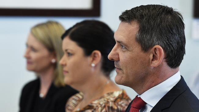 Chief Minister Michael Gunner, who will take on the role as NT Treasurer with, from left, his Deputy Chief Minister and former Treasurer Nicole Manison and Health Minister Natasha Fyles. Picture: Ivan Rachman