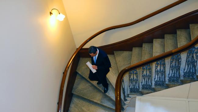 Treasurer Tom Koutsantonis leaves after his public apology for swearing at meetings with public servants. Picture: Emma Brasier