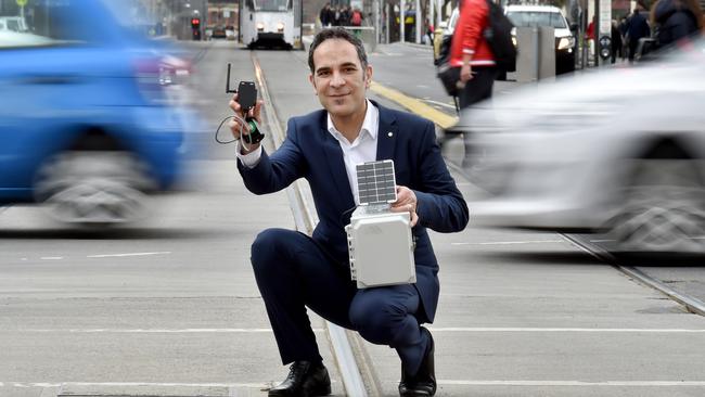 Majid Sarvi from Melbourne University with the movement sensors that will track people, trams, cars, bicycles. Picture: Jay Town