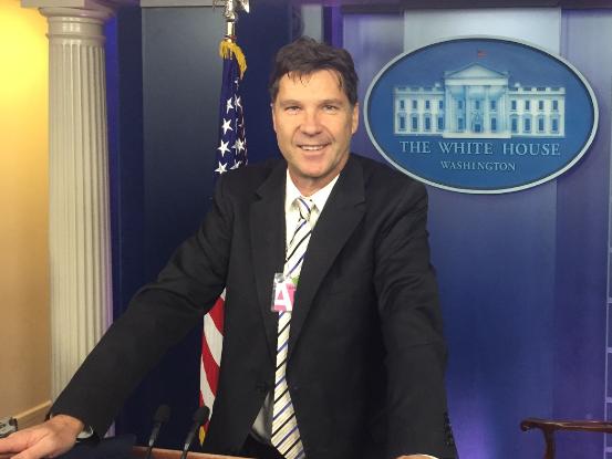 Cameron Stewart at the famous lectern in the White House media briefing room in the West Wing.