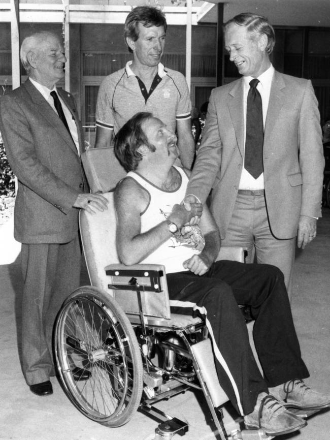 An SA-designed wheelchair, thought to be the first of its kind in the world, being unveiled at the Julia Farr Centre in 1982.