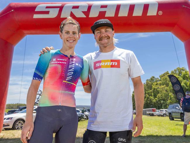 Valtteri Bottas and his wife Tiffany Cromwell at the 2024 RADL GRVL track race in Mclaren Flat SA. Pictured on Jan 19th 2024. Picture: Ben Clark