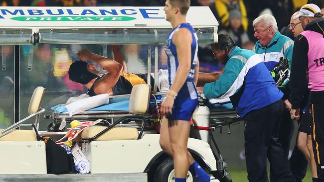 Ben Griffiths is stretchered off with an ankle injury. Picture: Getty Images
