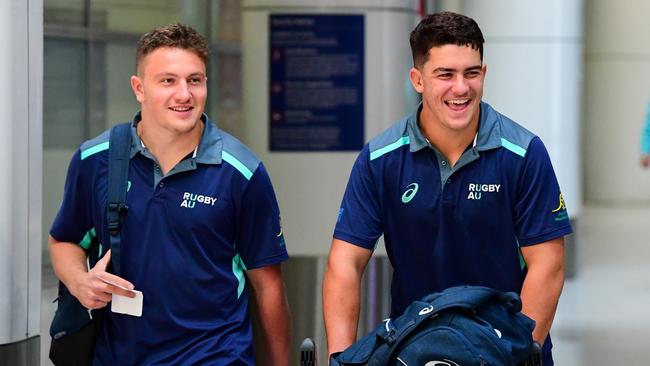 The Junior Wallabies arrive at Sydney International Airport after finishing second in the World Rugby U20s Championship in Argentina. Joe Cotton and Josh Nasser. Picture: Rugby AU Media