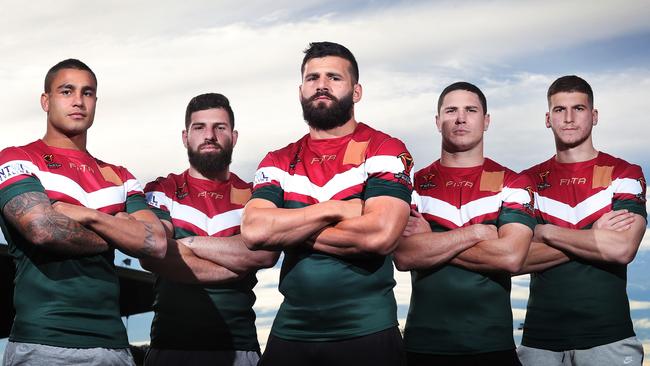 Lebanese rugby league players Michael Lichaa, Abbas Miski, Josh Mansour, Mitch Moses and Adam Doueihi who are fighting against their governing body, at Concord Oval, Sydney. Picture: Brett Costello