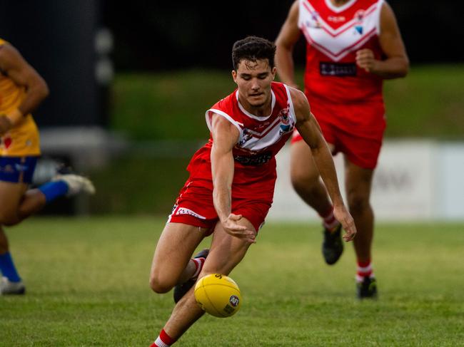 Ned Stevens from the Tahs chases an oily footy. 2020/21 TIO NTFL MenÃs Premier League Ã Round 9: Waratah vs Wanderers.Picture: Che Chorley