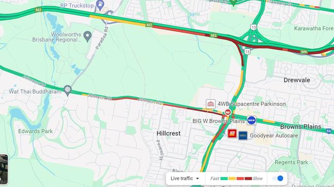 A logjam of traffic on the Logan Motorway between Larapinta and Browns Plains and onto the Mount Lindesay Highway at Browns Plains has been created by the two crashes. Picture: Google Maps