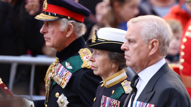 Prince Andrew did not wear his ceremonial military uniform as his siblings did. Picture: Robert Perry/Getty Images