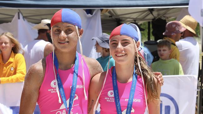 Gerringong competitors Miller Siasat and Oasis Heunder after both took out the male and female under 14 flags events. Photo: Shane Abrahamson/SLS NSW.