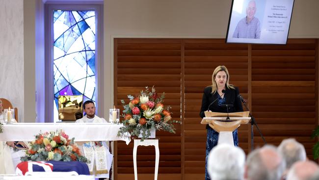 Annastacia Palaszczuk premier of QLD speaks at the State Funeral Service for Mike Ahern AO, at Our Lady of the Rosary Catholic Church, Caloundra, on Friday 25th August 2023 - Photo Steve Pohlner