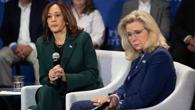 Vice-President Kamala Harris fields questions during a town hall-style campaign event with former US representative Liz Cheney on October 21 in Brookfield, Wisconsin. Picture: Getty Images