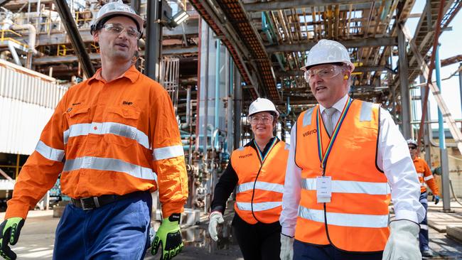 Anthony Albanese, right, and opposition trade spokeswoman Madeleine King at the Kwinana nickel refinery south of Perth. Picture: Getty Images