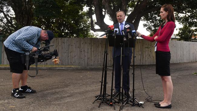 Anthony Albanese gives a news conference in a laneway in Marrickville yesterday. Picture: AAP